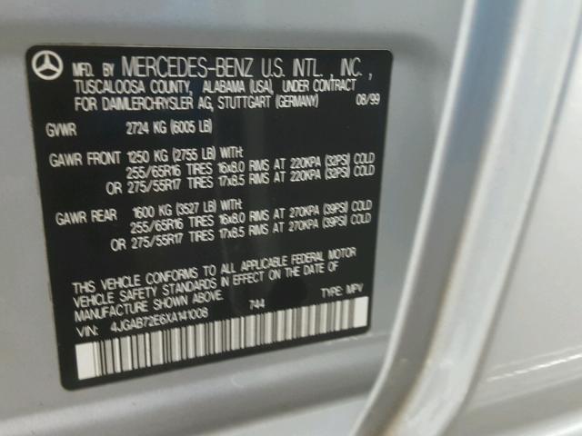 4JGAB72E6XA141008 - 1999 MERCEDES-BENZ ML 430 银色 照片 10