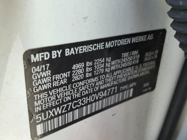 5UXWZ7C33H0V94771 - 2017 BMW X3 SDRIVE2 WHITE photo 10