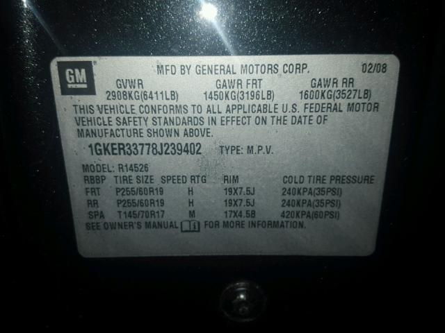 1GKER33778J239402 - 2008 GMC ACADIA SLT შავი ფოტო 10