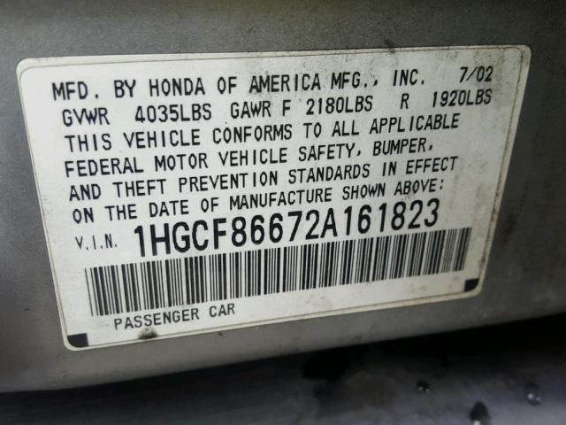 1HGCF86672A161823 - 2002 HONDA ACCORD VAL SILVER photo 10