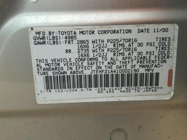 JTEHF21A410002190 - 2001 TOYOTA HIGHLANDER GOLD photo 10