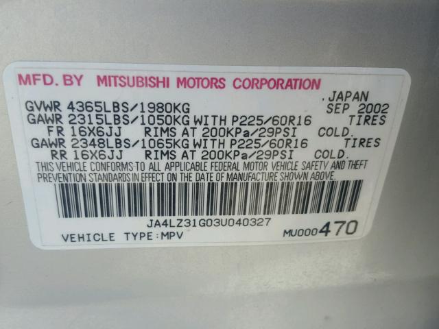 JA4LZ31G03U040327 - 2003 MITSUBISHI OUTLANDER SILVER photo 10