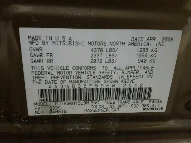 4A3AB36F59E012542 - 2009 MITSUBISHI GALANT ES BROWN photo 10