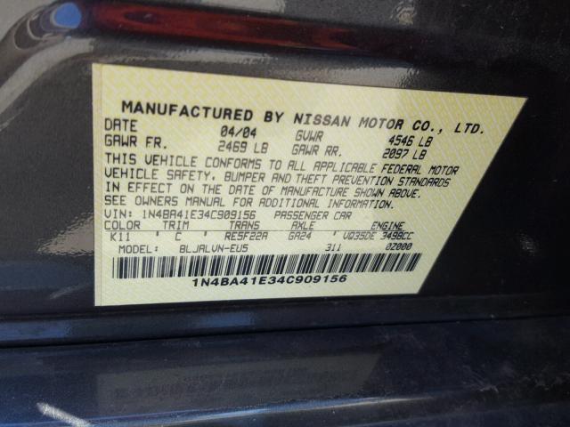 1N4BA41E34C909156 - 2004 NISSAN MAXIMA SE GRAY photo 10