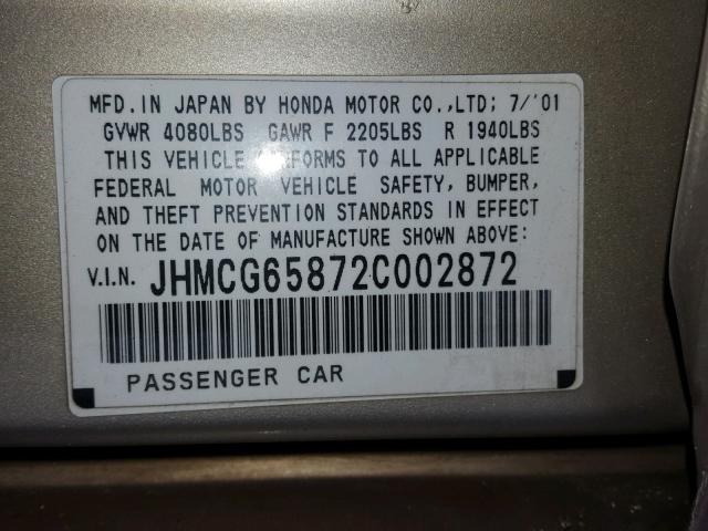 JHMCG65872C002872 - 2002 HONDA ACCORD EX BEIGE photo 10