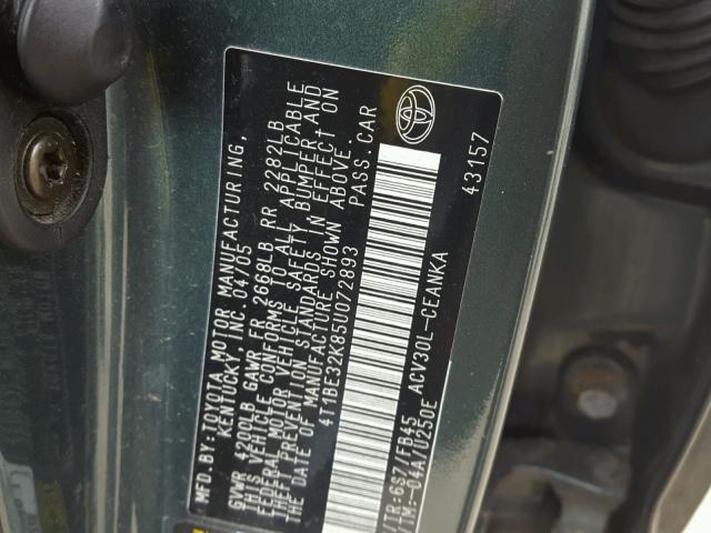 4T1BE32K85U072893 - 2005 TOYOTA CAMRY LE GREEN photo 10