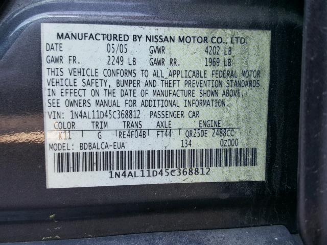 1N4AL11D45C368812 - 2005 NISSAN ALTIMA S GOLD photo 10