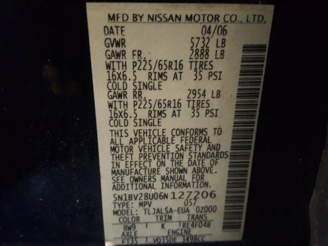 5N1BV28U06N127206 - 2006 NISSAN QUEST S BLUE photo 10