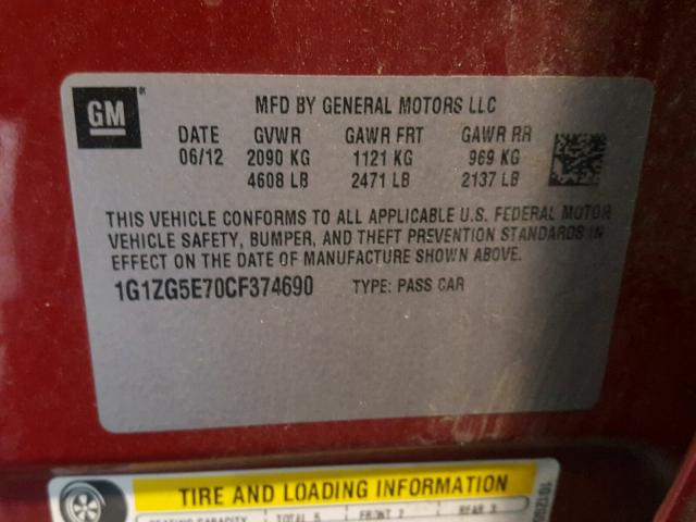 1G1ZG5E70CF374690 - 2012 CHEVROLET MALIBU LTZ RED photo 10