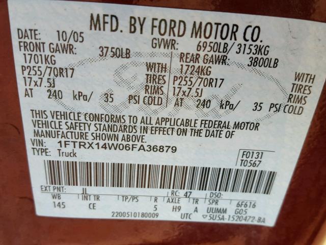 1FTRX14W06FA36879 - 2006 FORD F150 MAROON photo 10