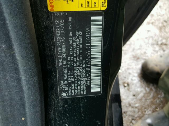 WBAHL83536DT02090 - 2006 BMW 750 I BLACK photo 10