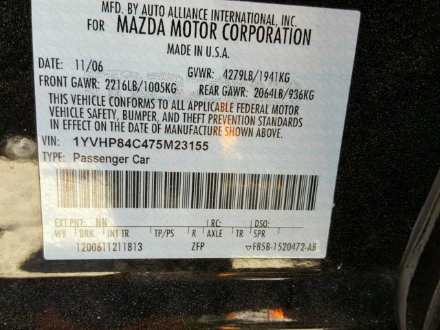 1YVHP84C475M23155 - 2007 MAZDA 6 I BLACK photo 10