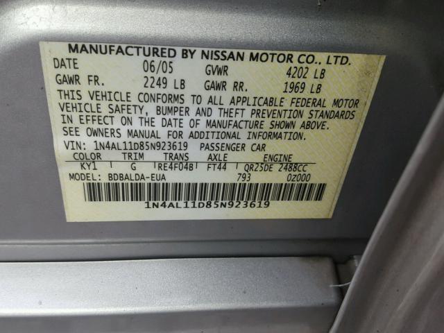 1N4AL11D85N923619 - 2005 NISSAN ALTIMA S SILVER photo 10