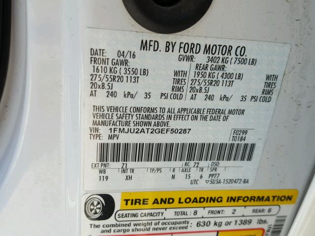 1FMJU2AT2GEF50287 - 2016 FORD EXPEDITION WHITE photo 10