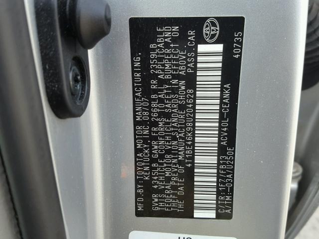 4T1BE46K98U204628 - 2008 TOYOTA CAMRY CE SILVER photo 10