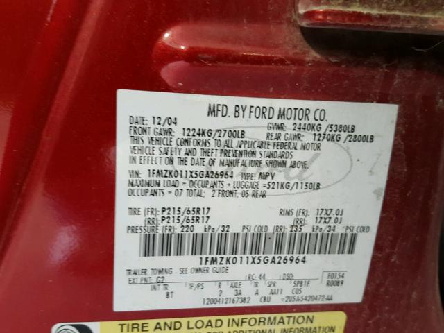 1FMZK011X5GA26964 - 2005 FORD FREESTYLE RED photo 10