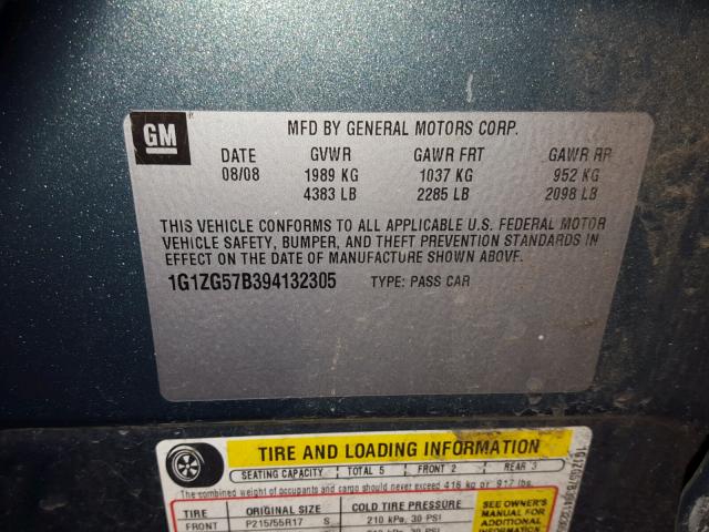 1G1ZG57B394132305 - 2009 CHEVROLET MALIBU LS ტურკოუსი ფოტო 10