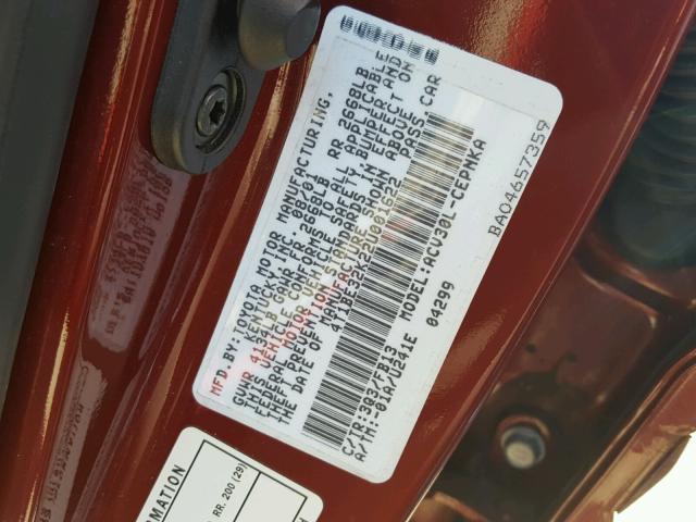 4T1BE32K22U001622 - 2002 TOYOTA CAMRY LE RED photo 10