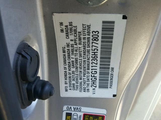 2HGFG11236H577803 - 2006 HONDA CIVIC DX SILVER photo 10