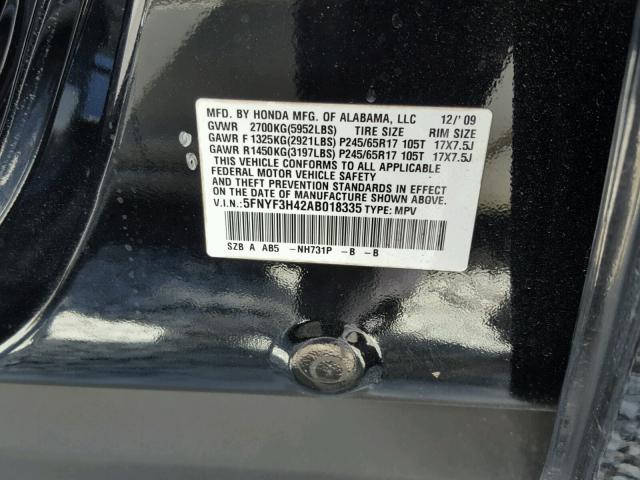 5FNYF3H42AB018335 - 2010 HONDA PILOT EX BLACK photo 10