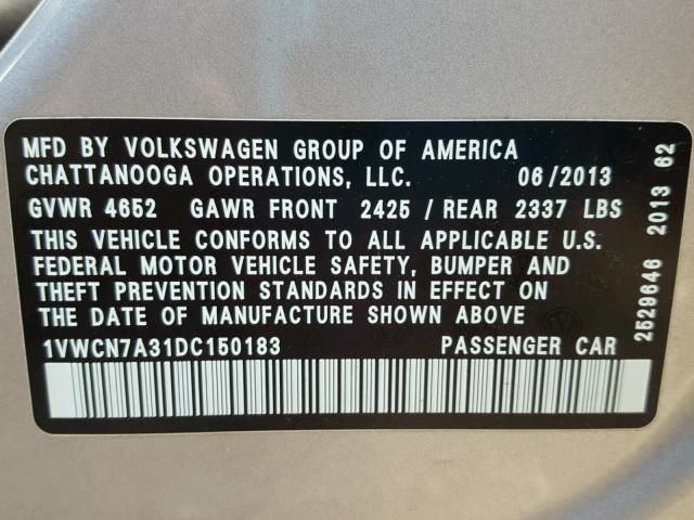 1VWCN7A31DC150183 - 2013 VOLKSWAGEN PASSAT SEL GRAY photo 10