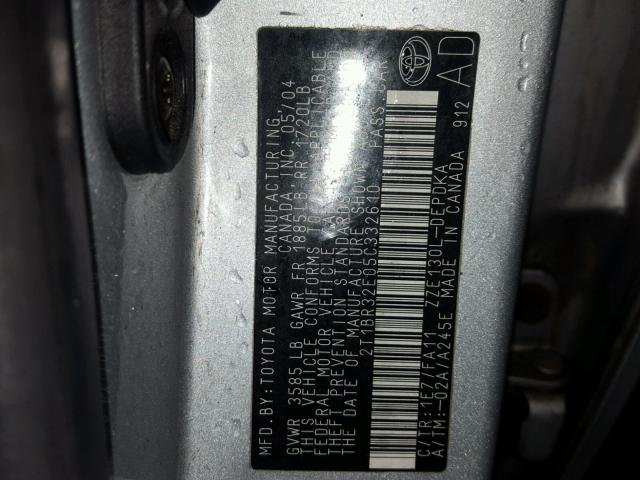 2T1BR32E05C332610 - 2005 TOYOTA COROLLA CE SILVER photo 10