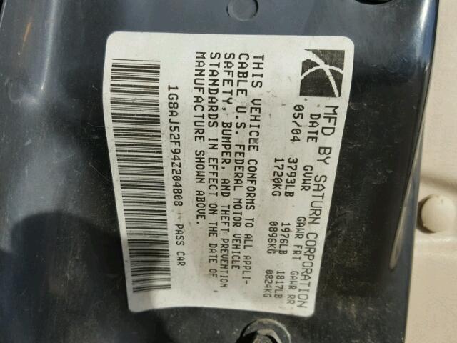 1G8AJ52F94Z204808 - 2004 SATURN ION LEVEL TAN photo 10