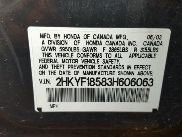 2HKYF18583H606063 - 2003 HONDA PILOT EXL GRAY photo 10