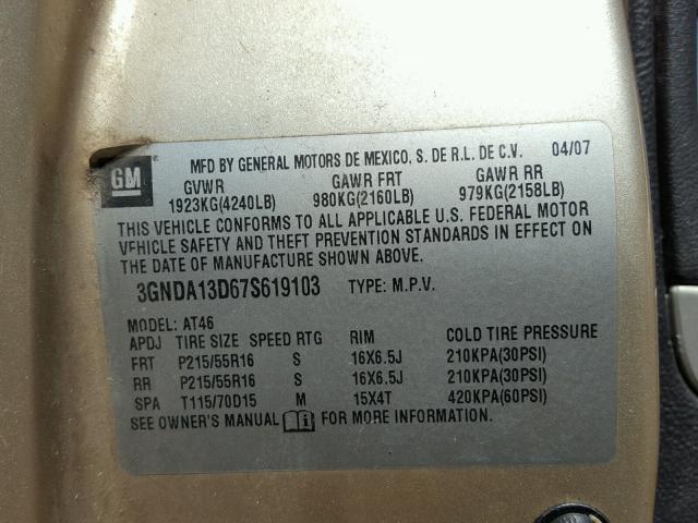 3GNDA13D67S619103 - 2007 CHEVROLET HHR LS TAN photo 10