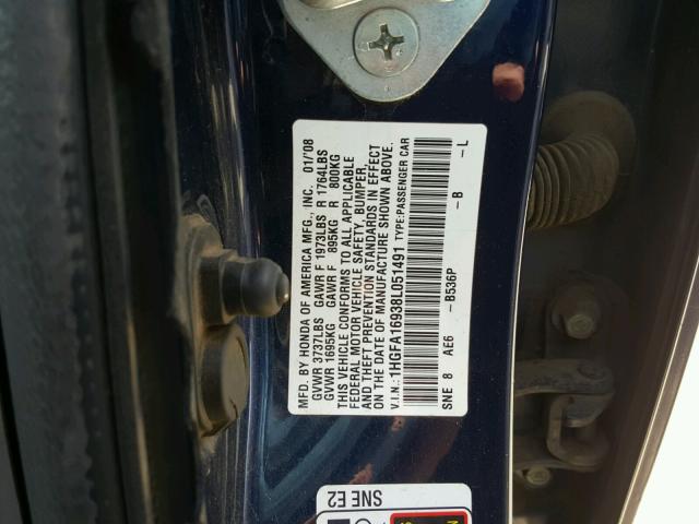 1HGFA16938L051491 - 2008 HONDA CIVIC EXL 蓝色 照片 10