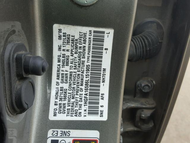 1HGFA16586L151905 - 2006 HONDA CIVIC LX GRAY photo 10