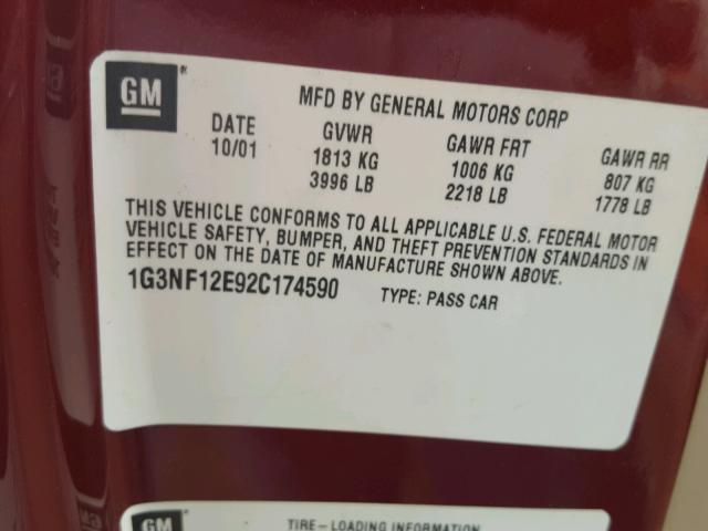 1G3NF12E92C174590 - 2002 OLDSMOBILE ALERO GLS 红色 照片 10