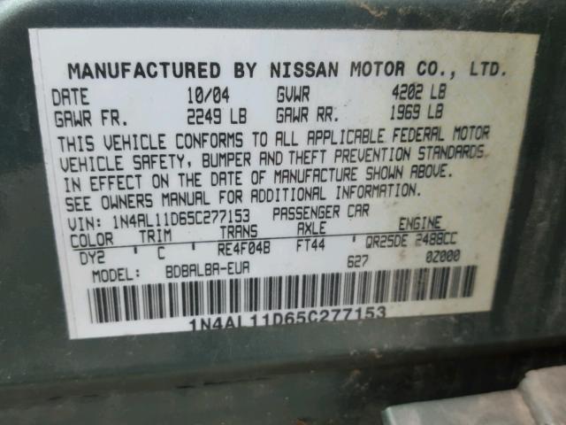 1N4AL11D65C277153 - 2005 NISSAN ALTIMA S GREEN photo 10