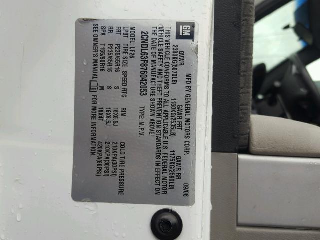 2CNDL63F876042053 - 2007 CHEVROLET EQUINOX LT WHITE photo 10