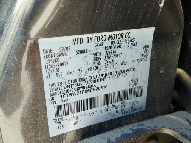 1FTSW21P86EB20610 - 2006 FORD F250 SUPER GRAY photo 10