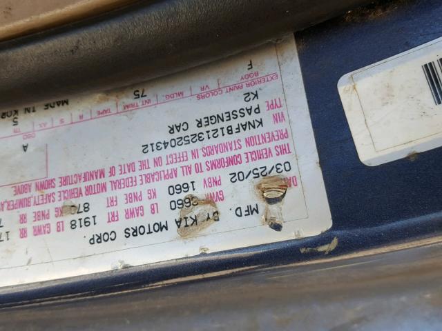 KNAFB121325204312 - 2002 KIA SPECTRA BA BLUE photo 10