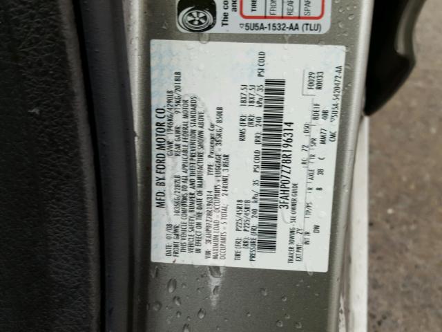 3FAHP07Z78R196314 - 2008 FORD FUSION SE GRAY photo 10