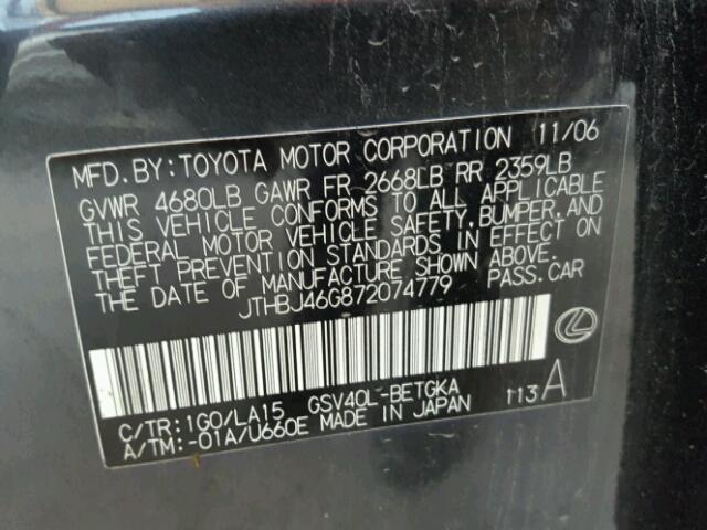 JTHBJ46G872074779 - 2007 LEXUS ES 350 BLACK photo 10