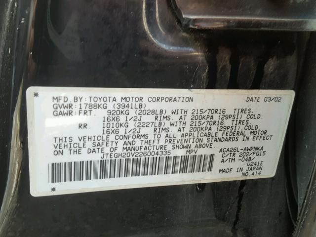 JTEGH20V226004335 - 2002 TOYOTA RAV4 BLACK photo 10