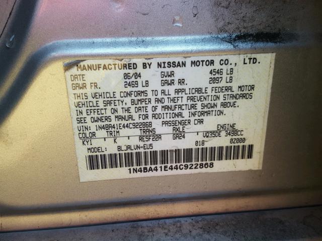 1N4BA41E44C922868 - 2004 NISSAN MAXIMA SE SILVER photo 10