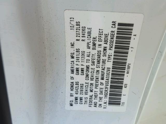 1HGCR3F85EA008289 - 2014 HONDA ACCORD EXL WHITE photo 10