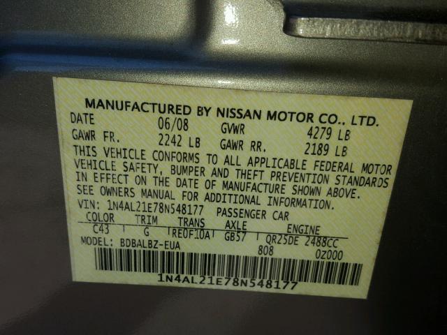 1N4AL21E78N548177 - 2008 NISSAN ALTIMA 2.5 TAN photo 10