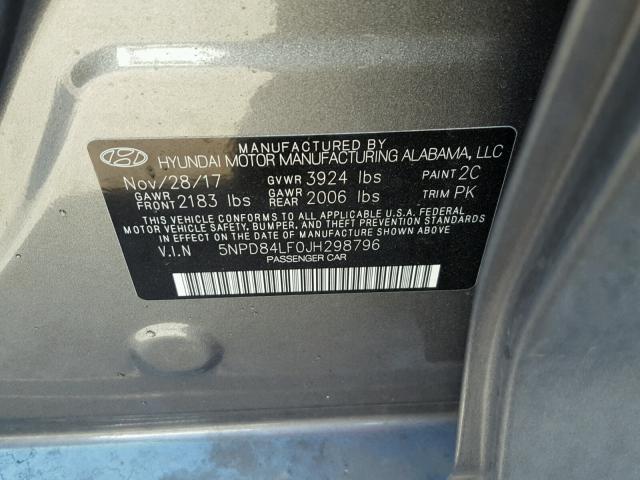 5NPD84LF0JH298796 - 2018 HYUNDAI ELANTRA SE GRAY photo 10