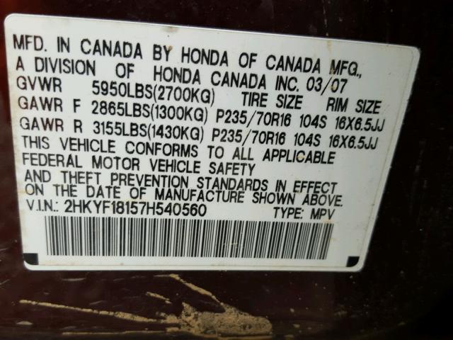 2HKYF18157H540560 - 2007 HONDA PILOT LX BURGUNDY photo 10