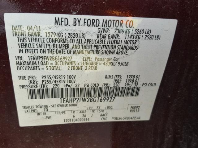 1FAHP2FW2BG169927 - 2011 FORD TAURUS LIM MAROON photo 10