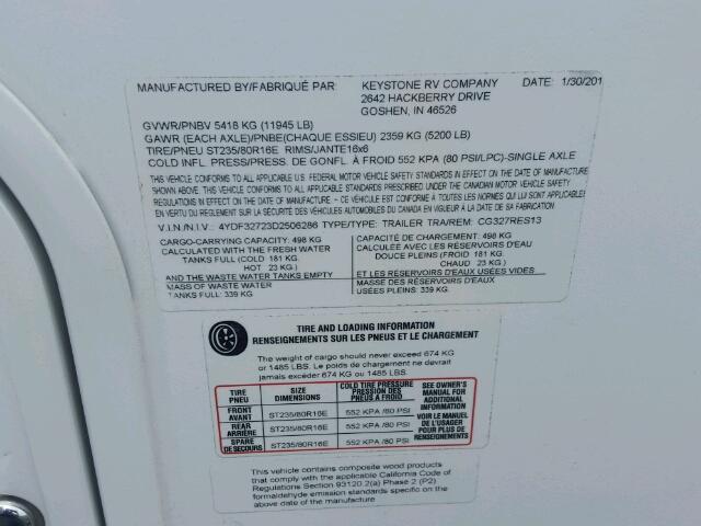 4YDF32723D2506286 - 2013 KEYSTONE TRAILER WHITE photo 10