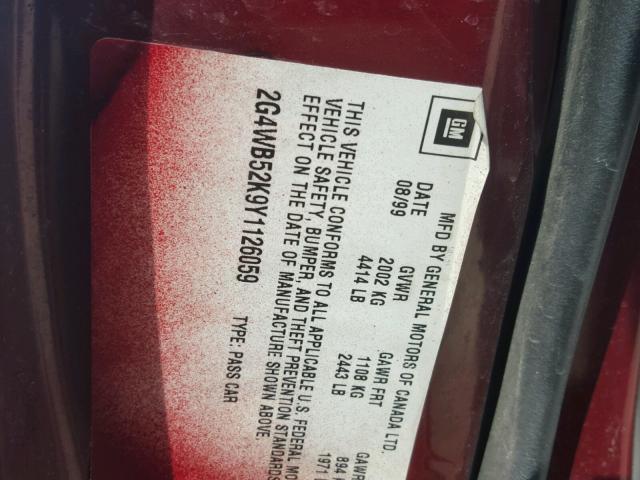 2G4WB52K9Y1126059 - 2000 BUICK REGAL LS RED photo 10