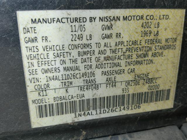 1N4AL11D26C149106 - 2006 NISSAN ALTIMA S CHARCOAL photo 10