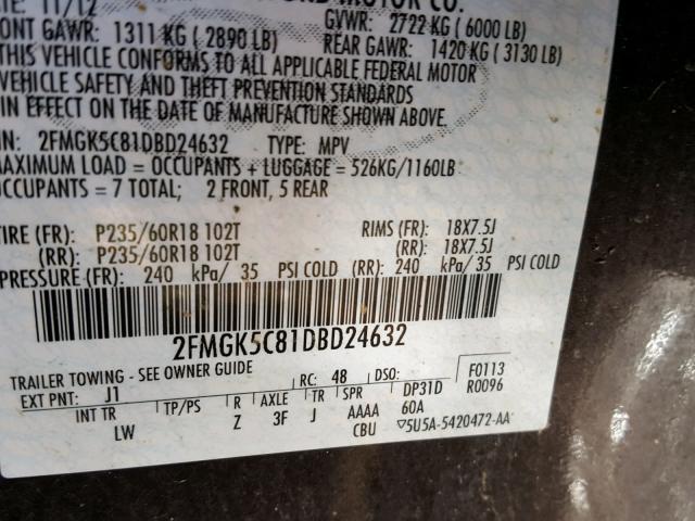 2FMGK5C81DBD24632 - 2013 FORD FLEX SEL შავი ფოტო 10