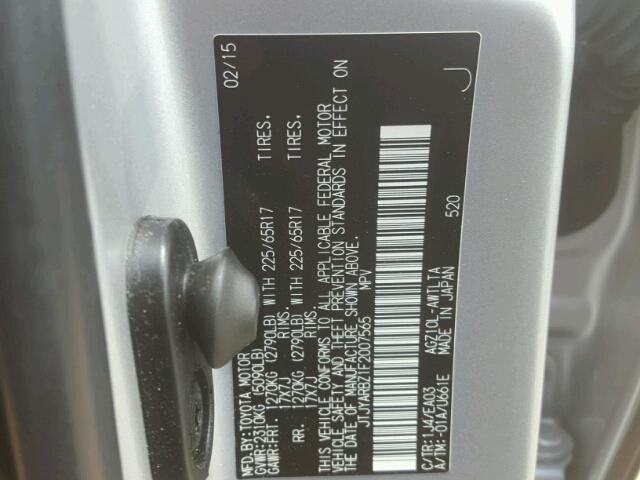 JTJYARBZ1F2007565 - 2015 LEXUS NX 200T GRAY photo 10